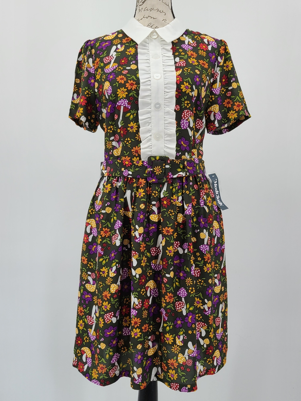 ModCloth Cottagecore Olive Green Mushroom & Flora Belted Dress Size 6 - Picture 4 of 12